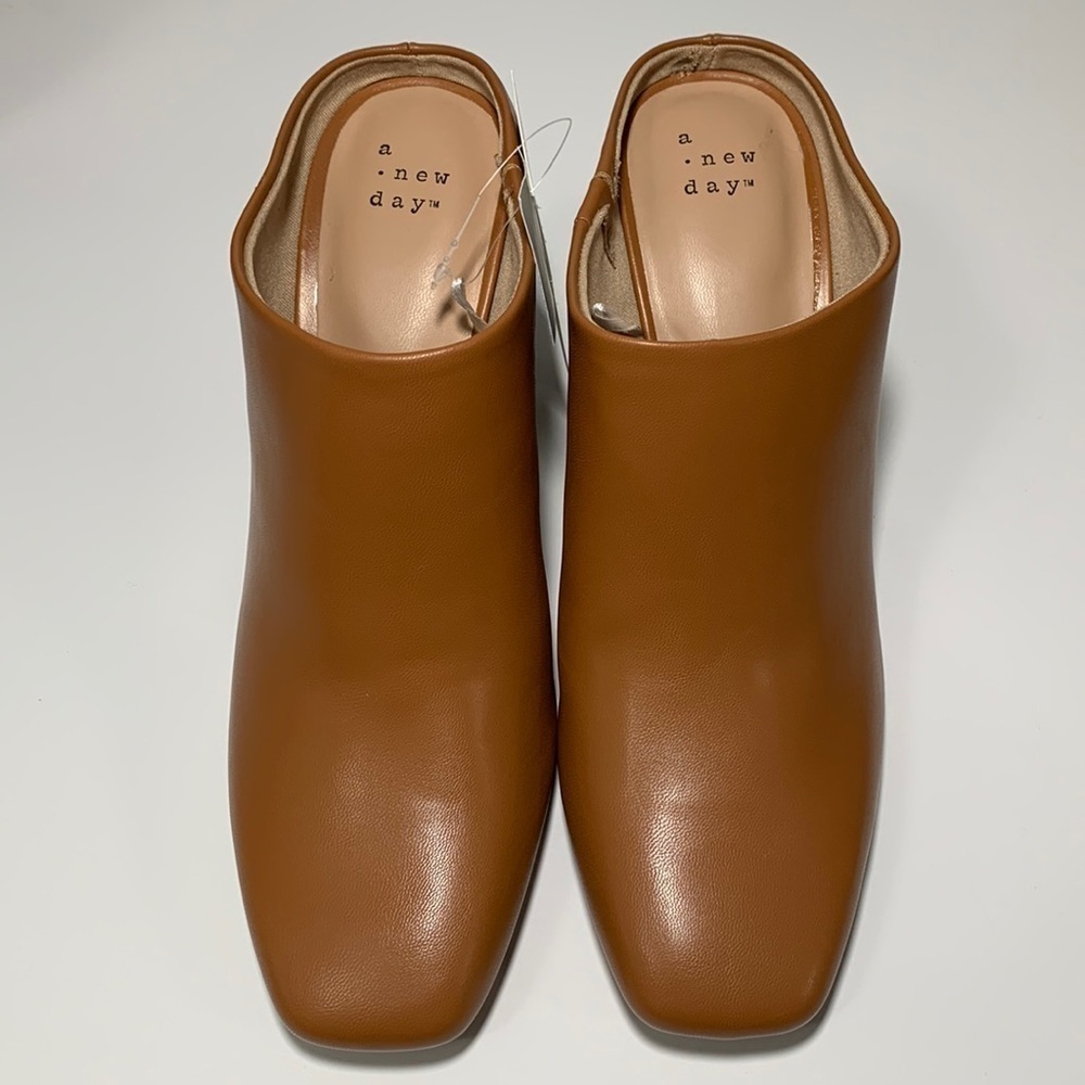 A new day cognac color mules with faux animal skin heels New with tags Sz 9.5